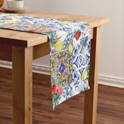 Mediterranean tileslemonflowersmajolicasummer medium table runner