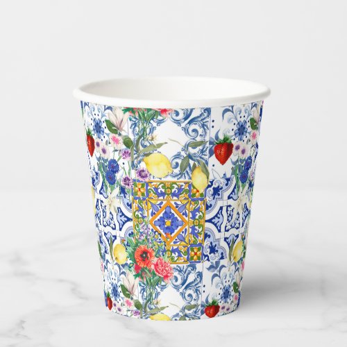 Mediterranean tileslemonflowersmajolicasummer paper cups