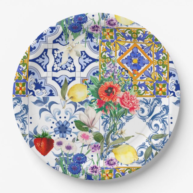 Mediterranean tiles,lemon,flowers,majolica,summer, paper plates (Front)