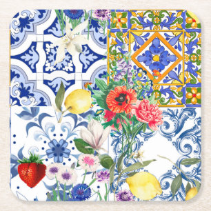 Mediterranean tiles,lemon,flowers,majolica,summer, square paper coaster