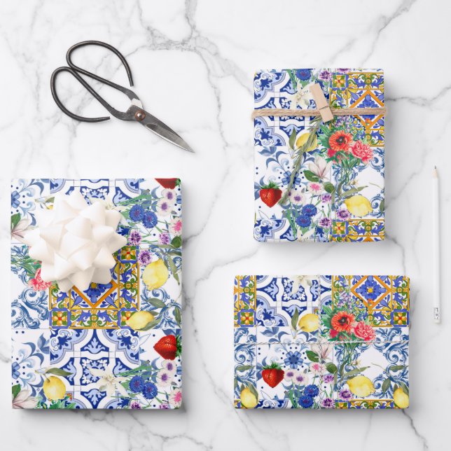 Mediterranean tiles,lemon,flowers,majolica,summer, wrapping paper sheets (Front)