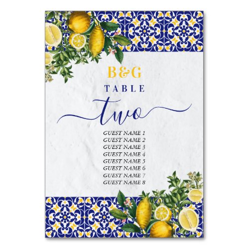 Mediterranean Tiles Lemon Wedding Itinerary  Table Number