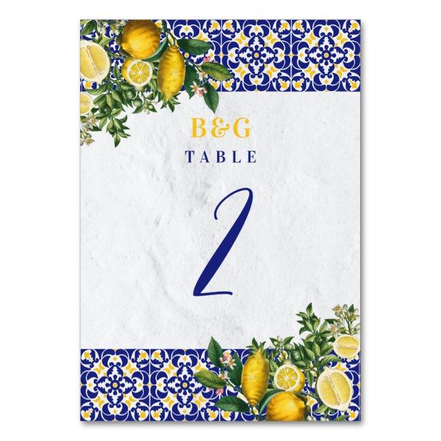 Mediterranean Tiles Lemon Wedding Itinerary  Table Number (Front)