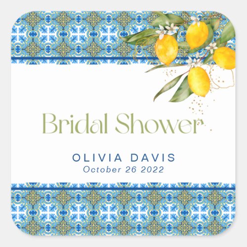 Mediterranean Tiles Lemons Bridal Shower Square Sticker