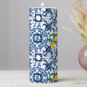 Mediterranean tiles,majolica,blue tiles,lemons c pillar candle