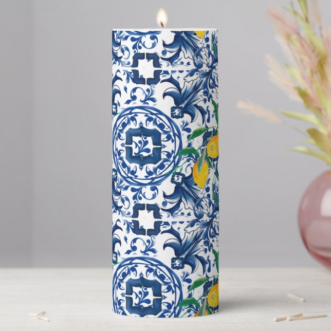 Mediterranean tiles,majolica,blue tiles,lemons   c pillar candle (In Situ)