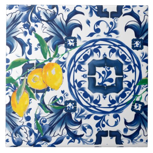 Mediterranean tilesmajolicablue tileslemons    ceramic tile