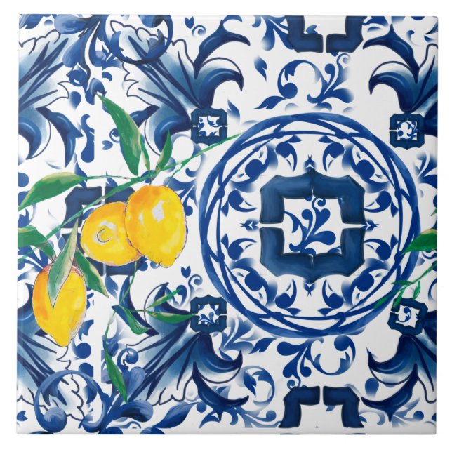 Mediterranean tiles,majolica,blue tiles,lemons    ceramic tile (Front)