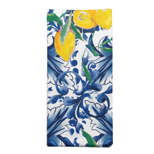 Mediterranean tiles,majolica,blue tiles,lemons    cloth napkin (Folded)