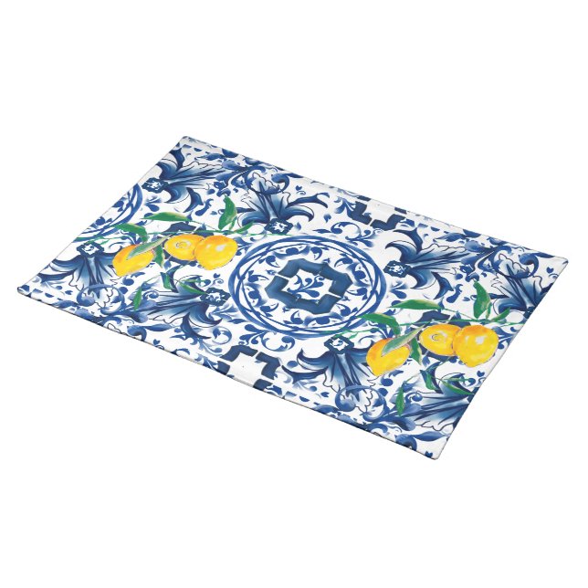 Mediterranean tiles,majolica,blue tiles,lemons   cloth placemat (On Table)
