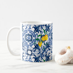 Mediterranean tiles,majolica,blue tiles,lemons coffee mug