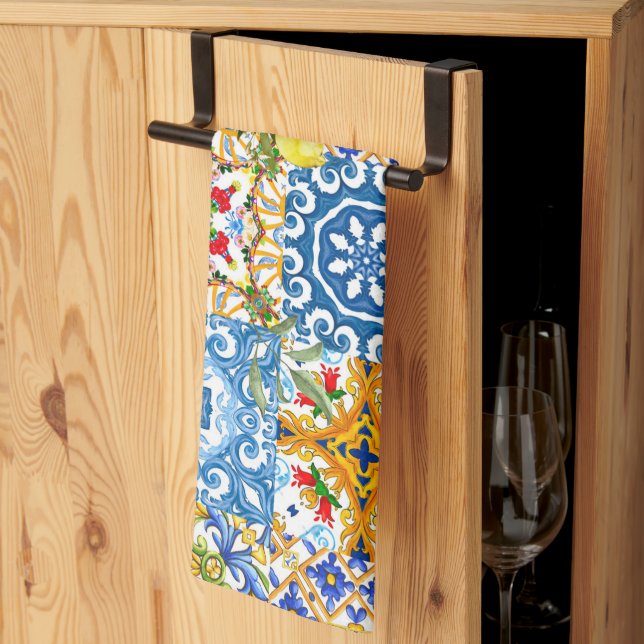 Mediterranean tiles, majolica,Sicilian style      Kitchen Towel (Thirds Fold)