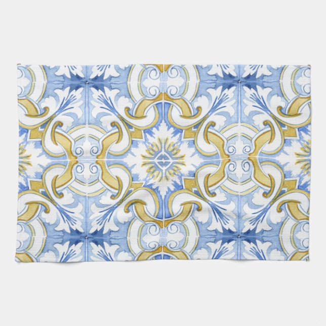Mediterranean tiles, majolica,Sicilian style    Kitchen Towel (Horizontal)