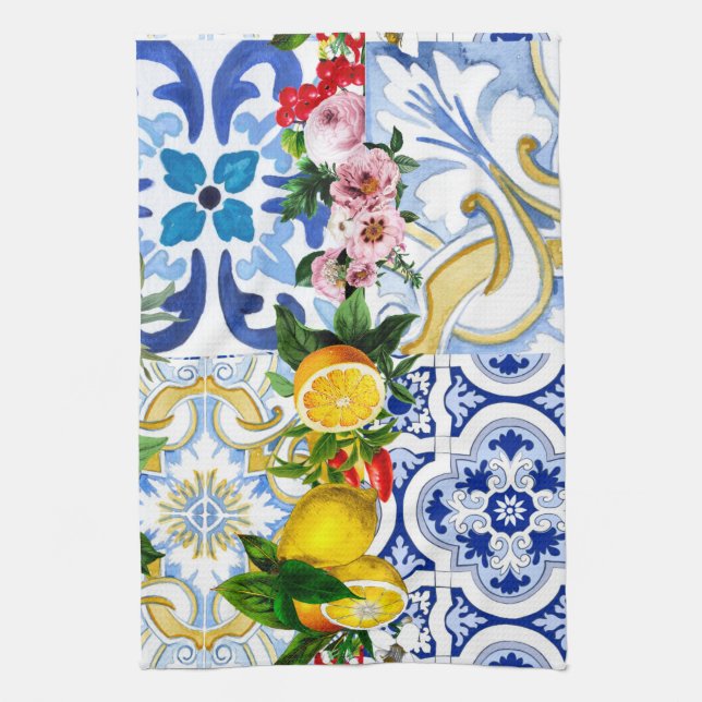 Mediterranean tiles, majolica,Sicilian style    Kitchen Towel (Vertical)