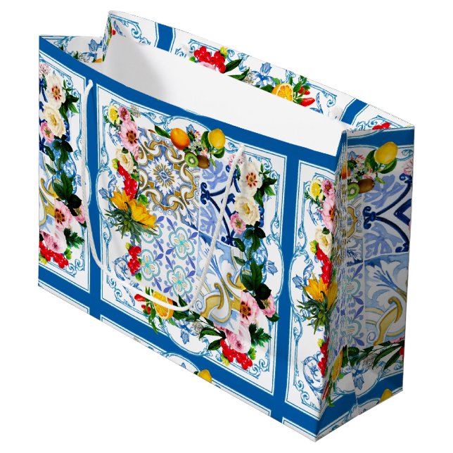 Mediterranean tiles, majolica,Sicilian style     Large Gift Bag (Front Angled)
