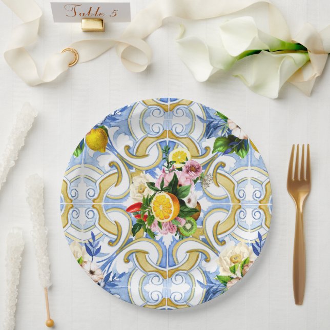 Mediterranean tiles, majolica,Sicilian style     Paper Plates (Wedding)