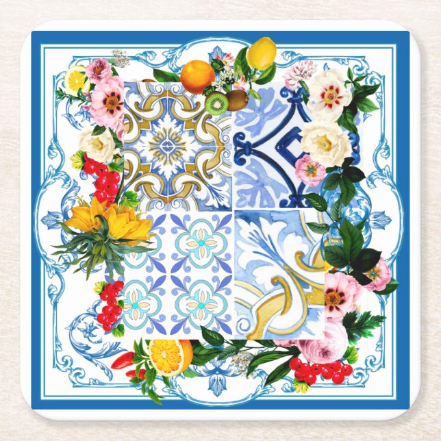 Mediterranean tiles, majolica,Sicilian style     Square Paper Coaster (Front)