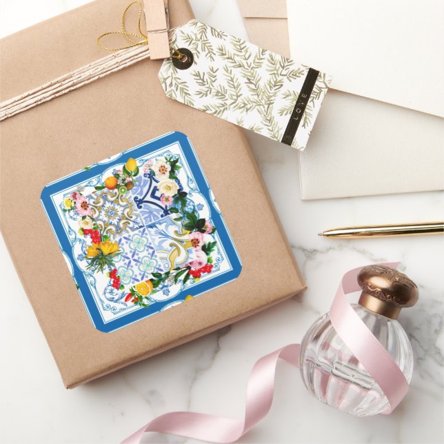 Mediterranean tiles, majolica,Sicilian style    Square Sticker (Gifting)