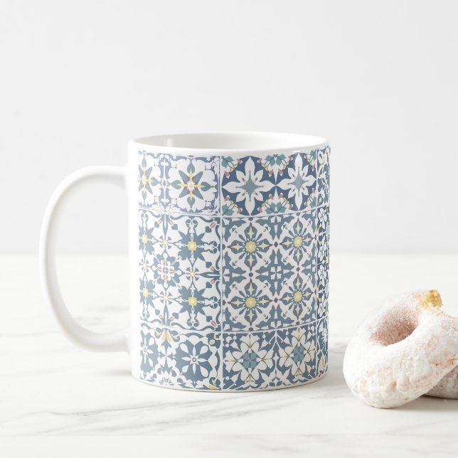 Mediterranean Tiles, Moroccan, Majolica, Azulejo Coffee Mug (With Donut)