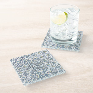 Mediterranean Tiles, Moroccan, Majolica, Azulejo Glass Coaster