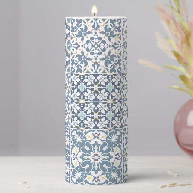 Mediterranean Tiles, Moroccan, Majolica, Azulejo Pillar Candle (In Situ)