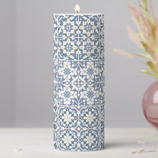 Mediterranean Tiles, Moroccan, Majolica, Azulejo Pillar Candle (In Situ)