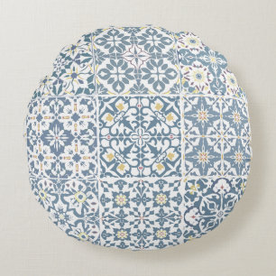 Mediterranean Tiles, Moroccan, Majolica, Azulejo Round Pillow