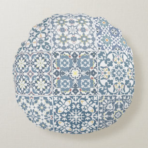 Mediterranean Tiles, Moroccan, Majolica, Azulejo Round Pillow
