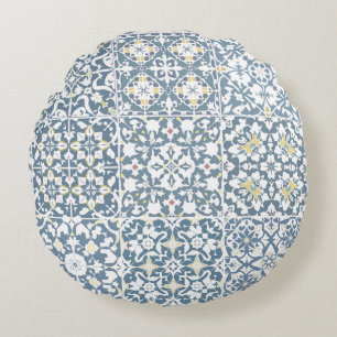 Mediterranean Tiles, Moroccan, Majolica, Azulejo Round Pillow