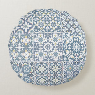 Mediterranean Tiles, Moroccan, Majolica, Azulejo Round Pillow