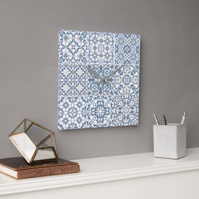 Mediterranean Tiles, Moroccan, Majolica, Azulejo Square Wall Clock (Office)
