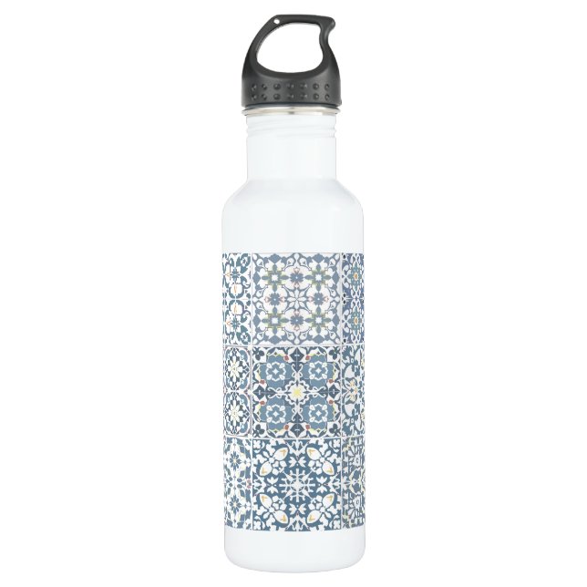 Mediterranean Tiles, Moroccan, Majolica, Azulejo Stainless Steel Water Bottle (Front)