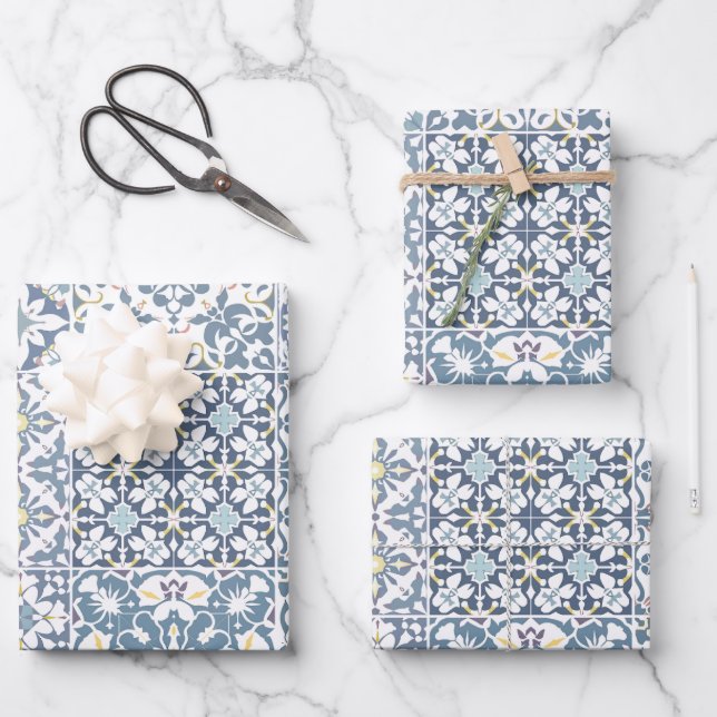 Mediterranean Tiles, Moroccan, Majolica, Azulejo Wrapping Paper Sheets (Front)