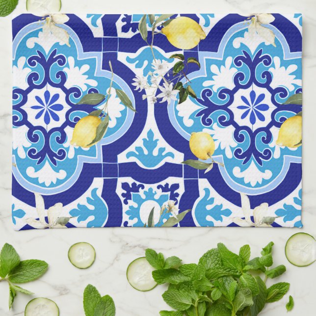 Mediterranean tiles,mosaic,lemon, kitchen towel (Folded)