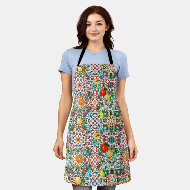 Mediterranean tiles,mosaic,lemon,summer art apron (Worn)