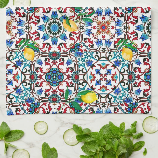 Mediterranean tiles,mosaic,lemon,summer art kitchen towel (Folded)