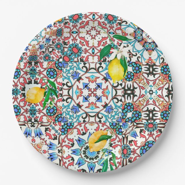 Mediterranean tiles,mosaic,lemon,summer art paper plates (Front)