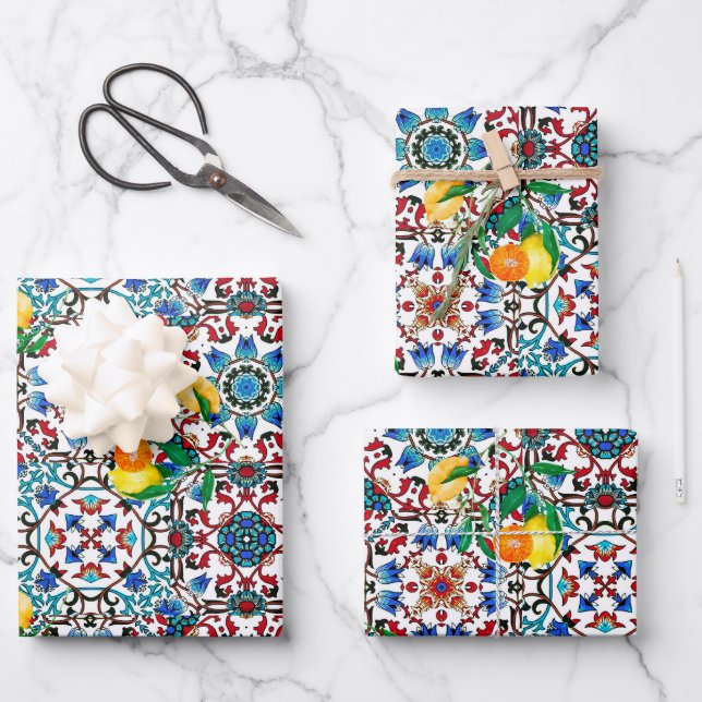 Mediterranean tiles,mosaic,lemon,summer art wrapping paper sheets (Front)