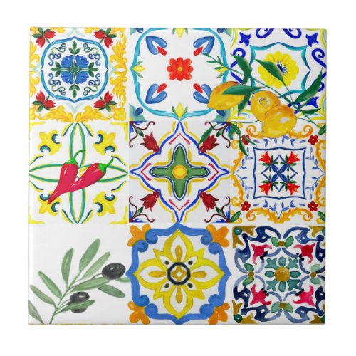 Mediterranean tilesoliveschilli pepperslemons  ceramic tile