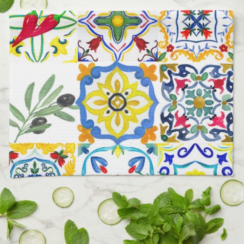 Mediterranean tilesoliveschilli pepperslemons  kitchen towel