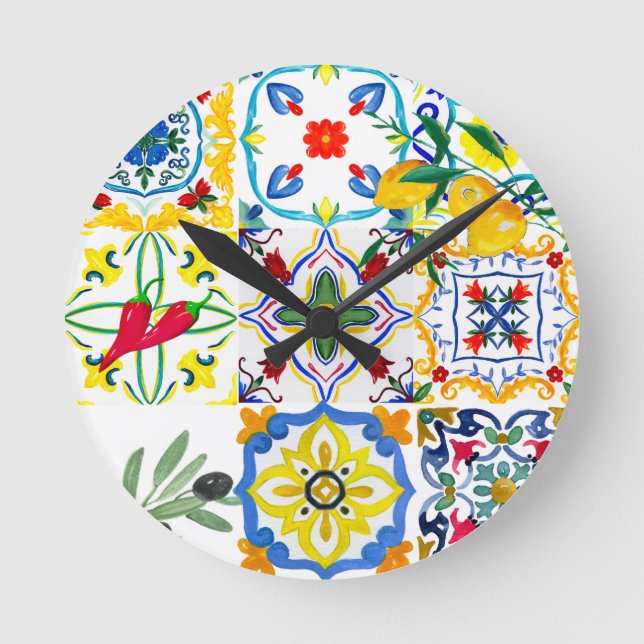 Mediterranean tiles,olives,chilli peppers,lemons round clock (Front)