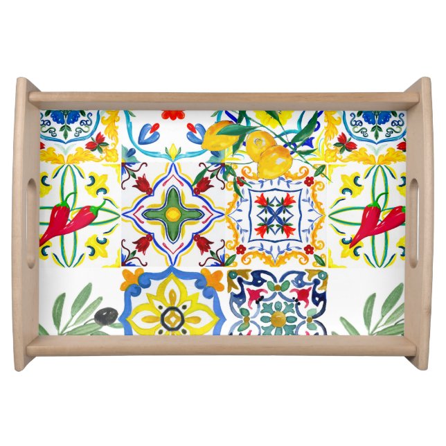 Mediterranean tiles,olives,chilli peppers,lemons serving tray (Front)
