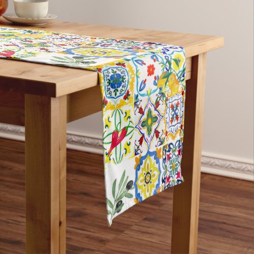 Mediterranean tilesoliveschilli pepperslemons   short table runner