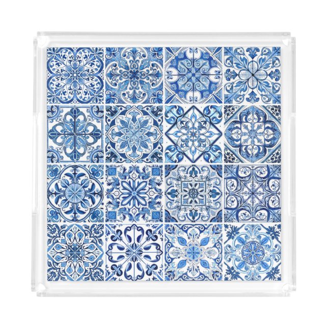 Mediterranean Tiles, Portugese, Azulejo, Majolica Acrylic Tray (Front)