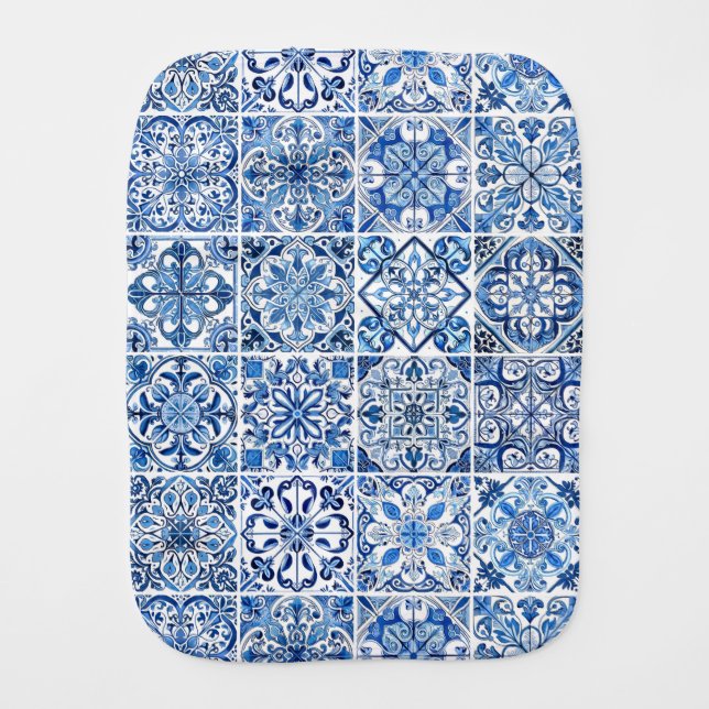 Mediterranean Tiles, Portugese, Azulejo, Majolica Baby Burp Cloth (Front)