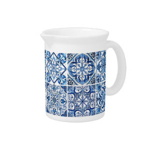Mediterranean Tiles, Portugese, Azulejo, Majolica Beverage Pitcher