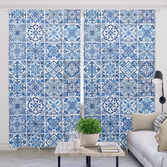 Mediterranean Tiles, Portugese, Azulejo, Majolica Blackout Curtains (Living Room)