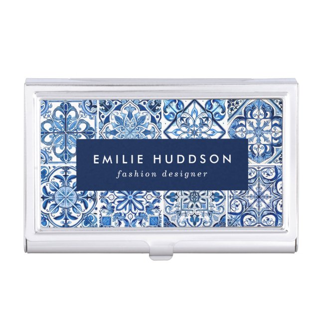 Mediterranean Tiles, Portugese, Azulejo, Majolica Business Card Case (Front)