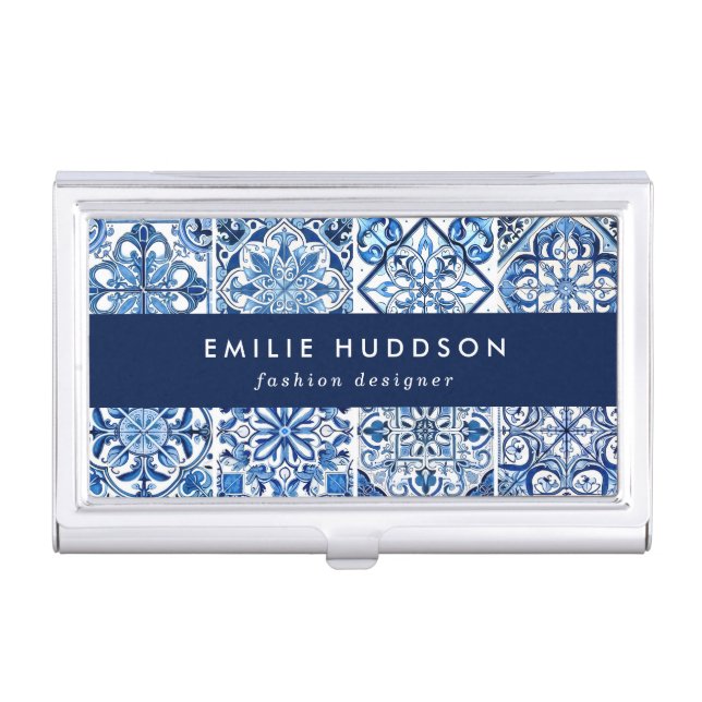 Mediterranean Tiles, Portugese, Azulejo, Majolica Business Card Case (Front)