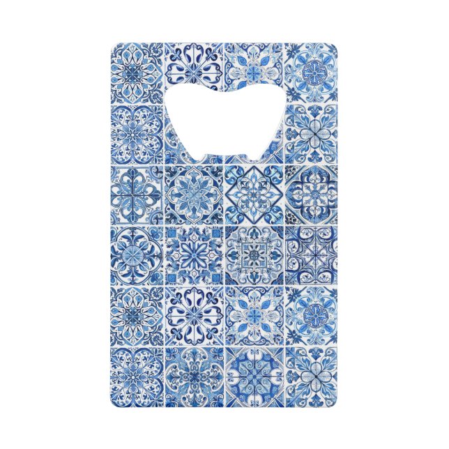 Mediterranean Tiles, Portugese, Azulejo, Majolica Credit Card Bottle Opener (Front)